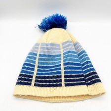 VTG Wigwam Winter Snow Hat Ivory Blue Acrylic Pompom Unisex USA Made Stripe Geo