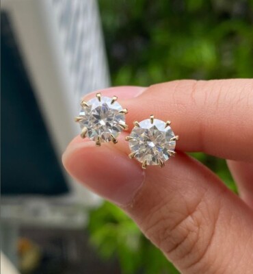 6mm Genuine Moissanite Men's Prong Stud Earring 14k Yellow Gold Plated  Silver