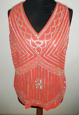 2- lagig Damenbluse Gr.44 mit Pailletten elegante Chiffon rote ärmellos Bluse 