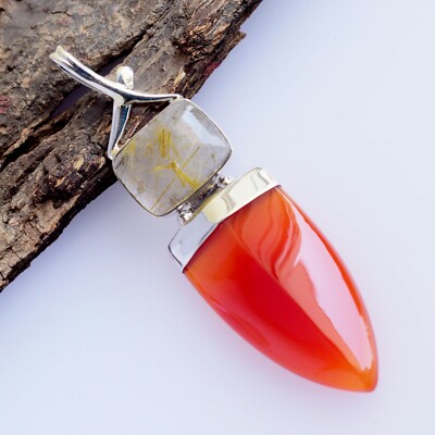 925 Sterling Silver Carnelian ARROWHEAD Pendant Rutile Quartz Handmade Jewelry