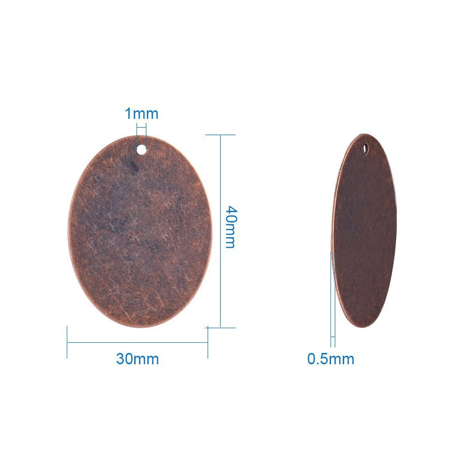 Colgantes de etiqueta ovalada grande de latón cobre rojo 10 piezas estampado suave dijes en blanco 40x30 mm Foto 2 de 4