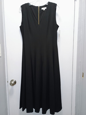 NWT CALVIN KLEIN Sleeveless Black V-Neck Seamed Fit & Flare Midi Dress Sz 8  | eBay