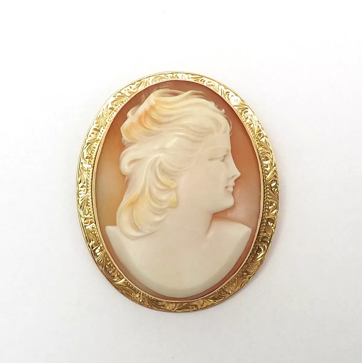 Victorian 14k Gold Carved Shell Cameo Etched Frame Brooch Pin Pendant
