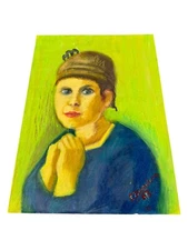 VTG SurrealismArtist Signed Portrait Watercolor Painting Abstract Woman With Hat