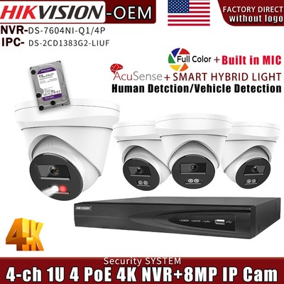 Hikvision DS-2CD1383G2-LIUF 4CH 4K NVR CCTV System Kit 8MP IP Camera Mic Lot US
