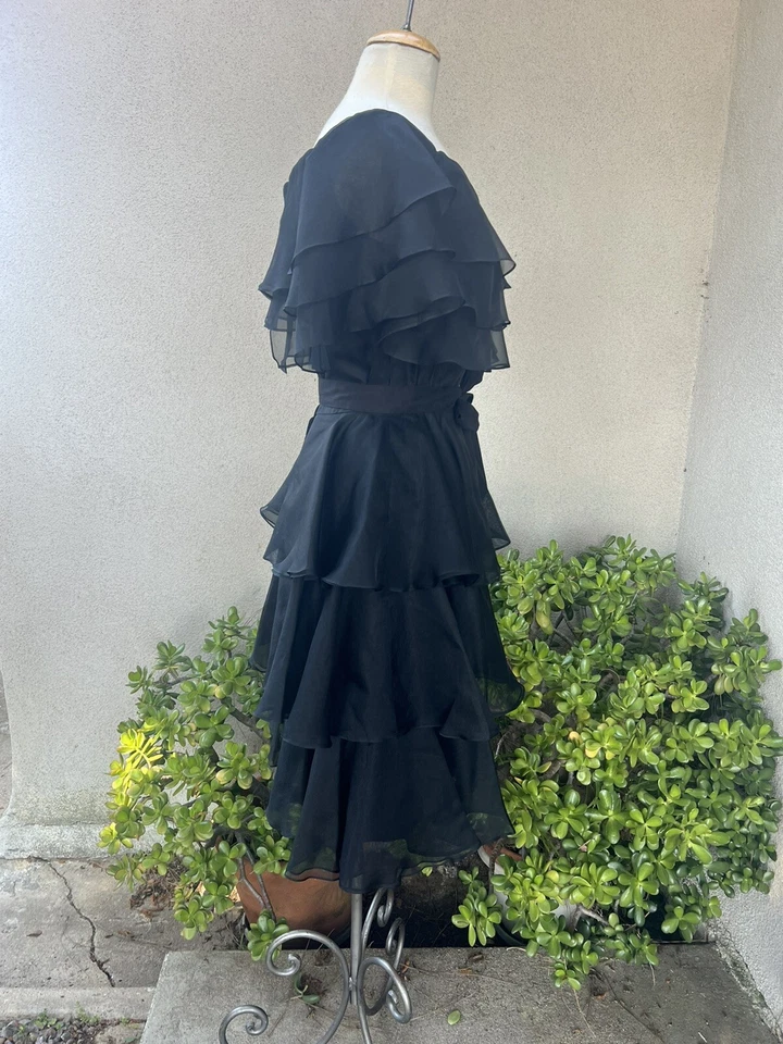 Vestido de Gasa Negro De Colección Cóctel Midi En Niveles Talla 8 Jill Richards Foto 3 de 4