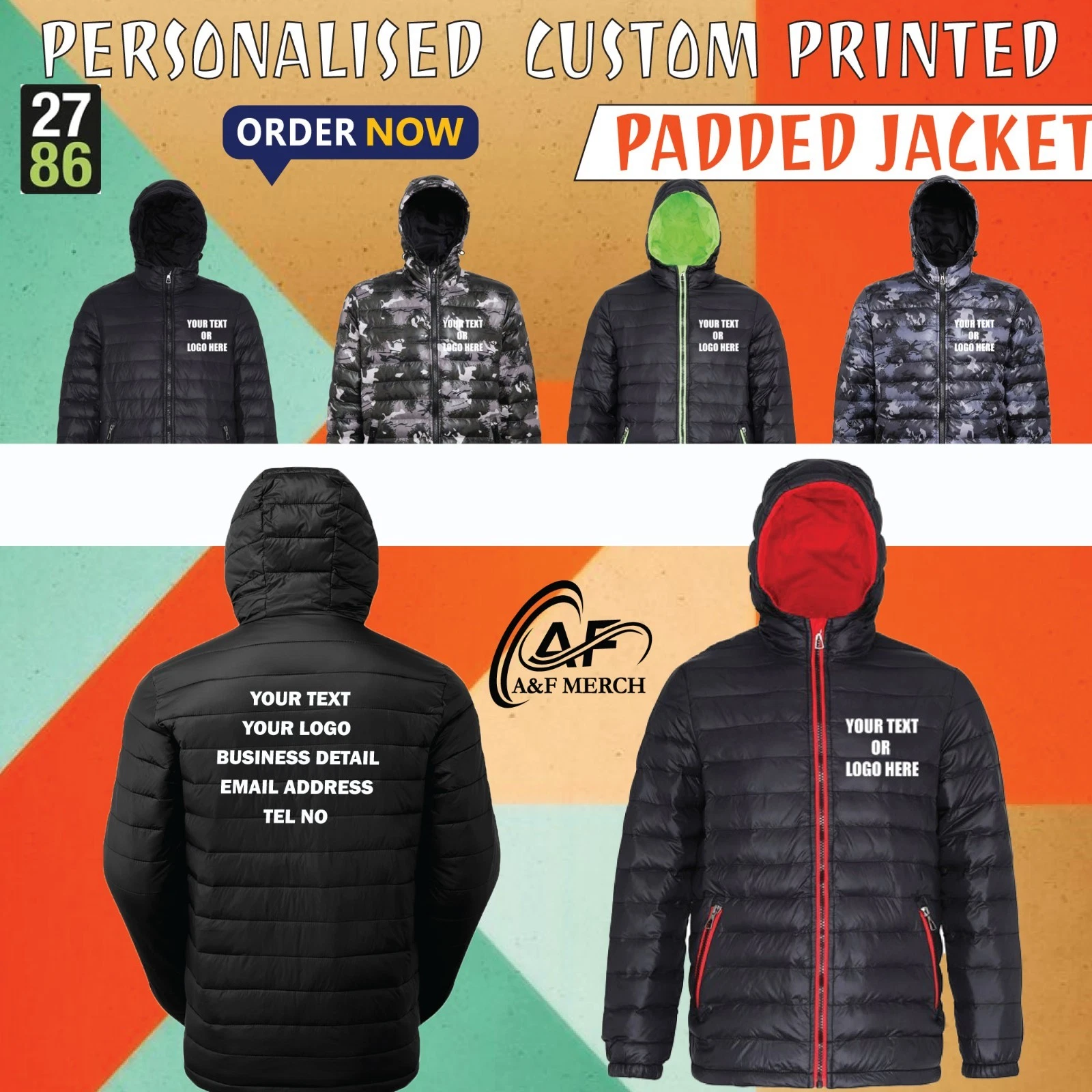 Personalised Custom Printed Two Tone Contrast Zip Padded Jacket TS016