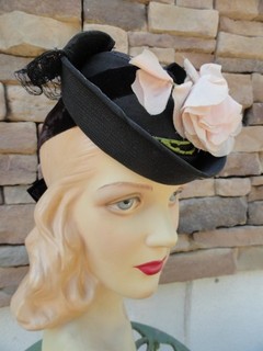 Vintage Ladies 1940s Black Tilt Hat ENGEL FETZER Lace Pink Millenary Flowers