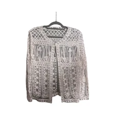 Jeannie Women’s White Lace Embroidered Sheer Jacket Size Medium Boho EUC