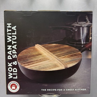 Chef s Counter Wok Pan With Lid And Spatula Pre-Seasoned Carbon Steel New In Box