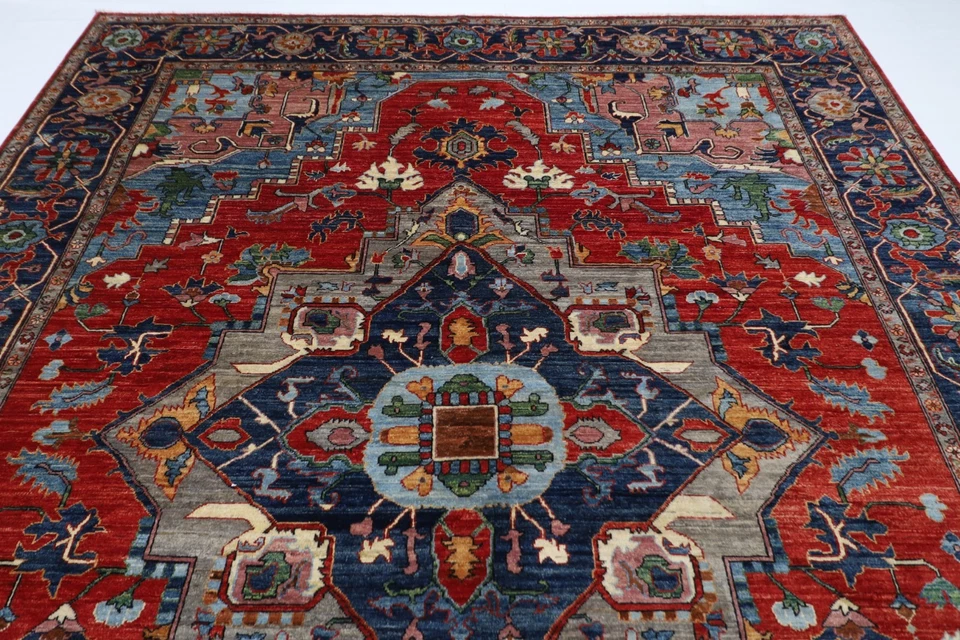 9 x 12 ft heriz Red Geometric Area Rug Afghan Hand Knotted Veg Dye Wool  Rug - Image 4 of 4