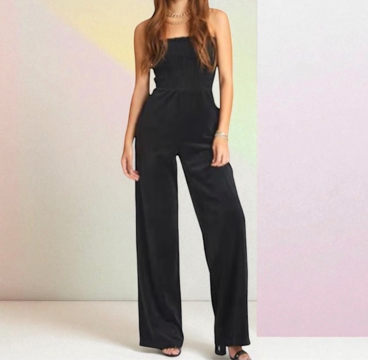 Juicy Couture Black Velour Strapless Smocked Wide-Leg Jumpsuit Pockets M