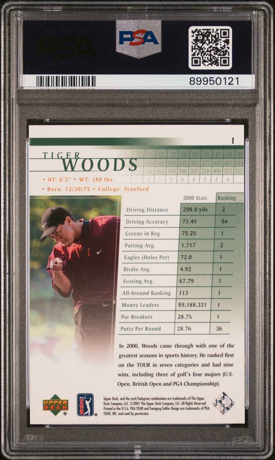2001 Upper Deck Golf #1 Tiger Woods Rookie PSA 6 view 2
