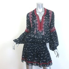 Ulla Johnson Gita Embroidered Blouson Mini Dress Black Floral Print Size 6