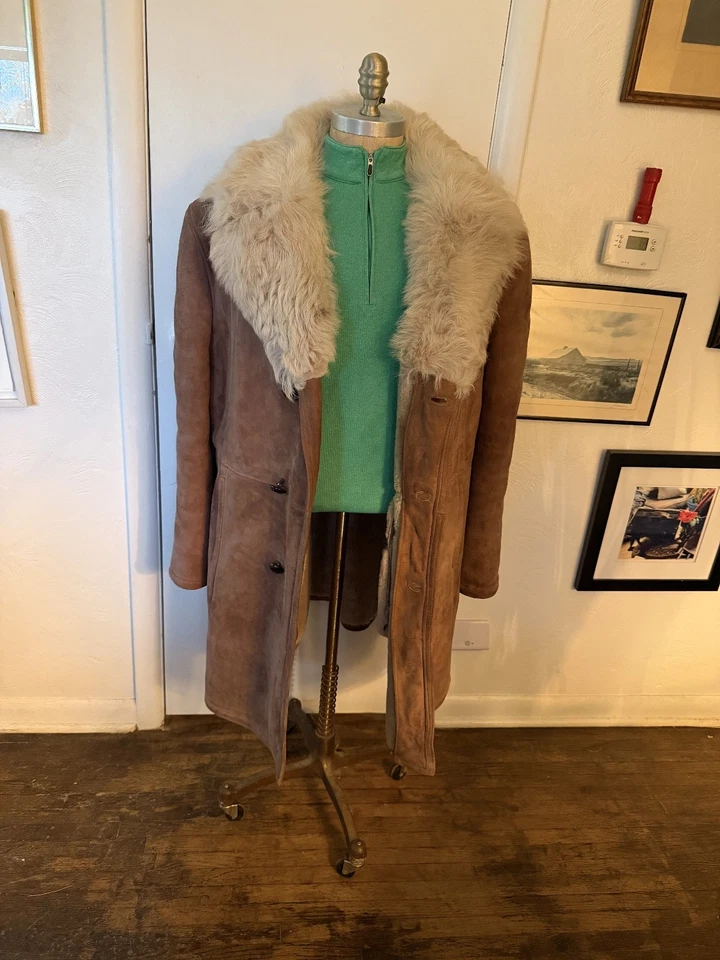 Bulgarian Afghan Mens Suede Sheepskin Shearling COAT Sz 46 Winter Coat - Image 2 of 4