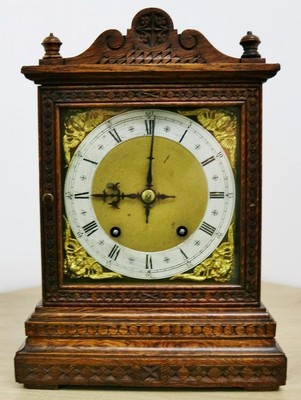 Antique W & H 8 Day Gong Striking Carved Oak & Bronze Cube Style Bracket Clock