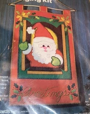 VTG 1979 Leewards Santa In Window Wall Hanging Felt Applique Kit Sequins Beads