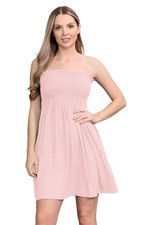 Womens Ladies Bandeau Boobtube Strapless Sheering Flared Summer Mini Dress Top