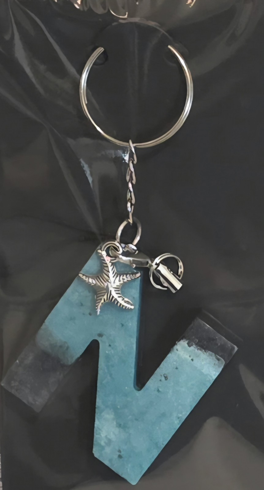 Blue & Silver Letter N Metal Keychain w/ Detachable Keyring Charm