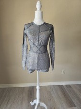Women s Small Silver Sequin Long Sleeve Mesh Dance Costume Unitard