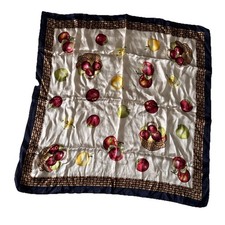 Vintage Talbots 100 Silk Scarf Apples 25 Square Basket Beige Navy Blue Border