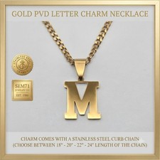LETTER ( M ) INITIAL (GOLD PVD) CHARM / 18"-24" STAINLESS STEEL CHAIN NECKLACE 