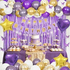 Purple Birthday Decorations for Women Girls, Happy Birthday Banner, Curtains,...