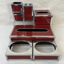 7 PCS Red Silver Bath/ Bdrm Vanity Set Plastic, Metal, Some Minor Tarnish ￼