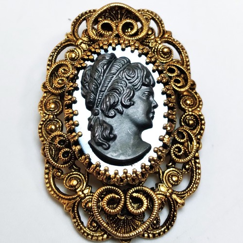 Vintage Black Cameo on Mirror Brooch / Pendant Gold Tone Filigree Victorian Lady - Picture 2 of 9