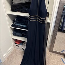 Terani Couture Blue Cocktail Gown with Halter Neckline and Sleeveless Design