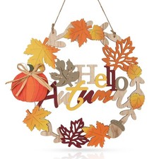 12 Inch 3D Wooden Fall Door Sign Hanging Pumpkin Maple Leaf Wreath