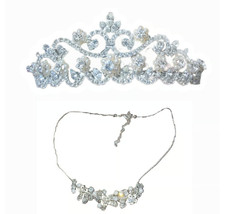 NWT Davids Bridal Luxury Silver w Pearls & Diamonds Wedding Tiara & Necklace Set