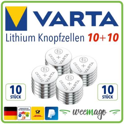 Varta Lithium Knopfzelle Knopfbatterie 10x CR2032 + 10x CR2025