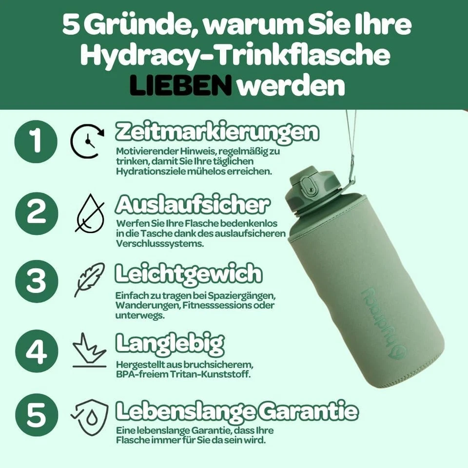 Hydracy Trinkflasche mit Strohhalm und Zeitmarkierung - 2L Wasserflasche - BP... - Bild 4 von 4
