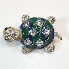 Silver Tone Metal Clear Rhinestones Green  Blue Enamel Turtle Brooch Pin