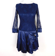 Rylko Agnes & Paul Blue Satin Evening Dress Size 8 Drop Waist Lace Bow New