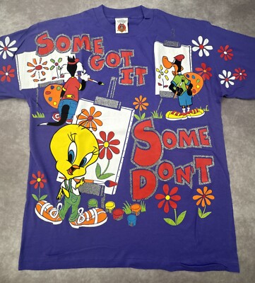 VTG 1997 Tweety Bird Daffy Duck Looney Tunes Adult T-Shirt Size L Purple NWOT
