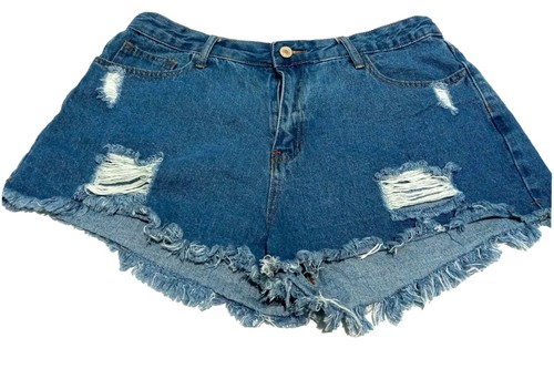 Shein High Rise Distressed Cut Off Denim Blue Jean Shorts Womens Juniors Size XL - Picture 4 of 4
