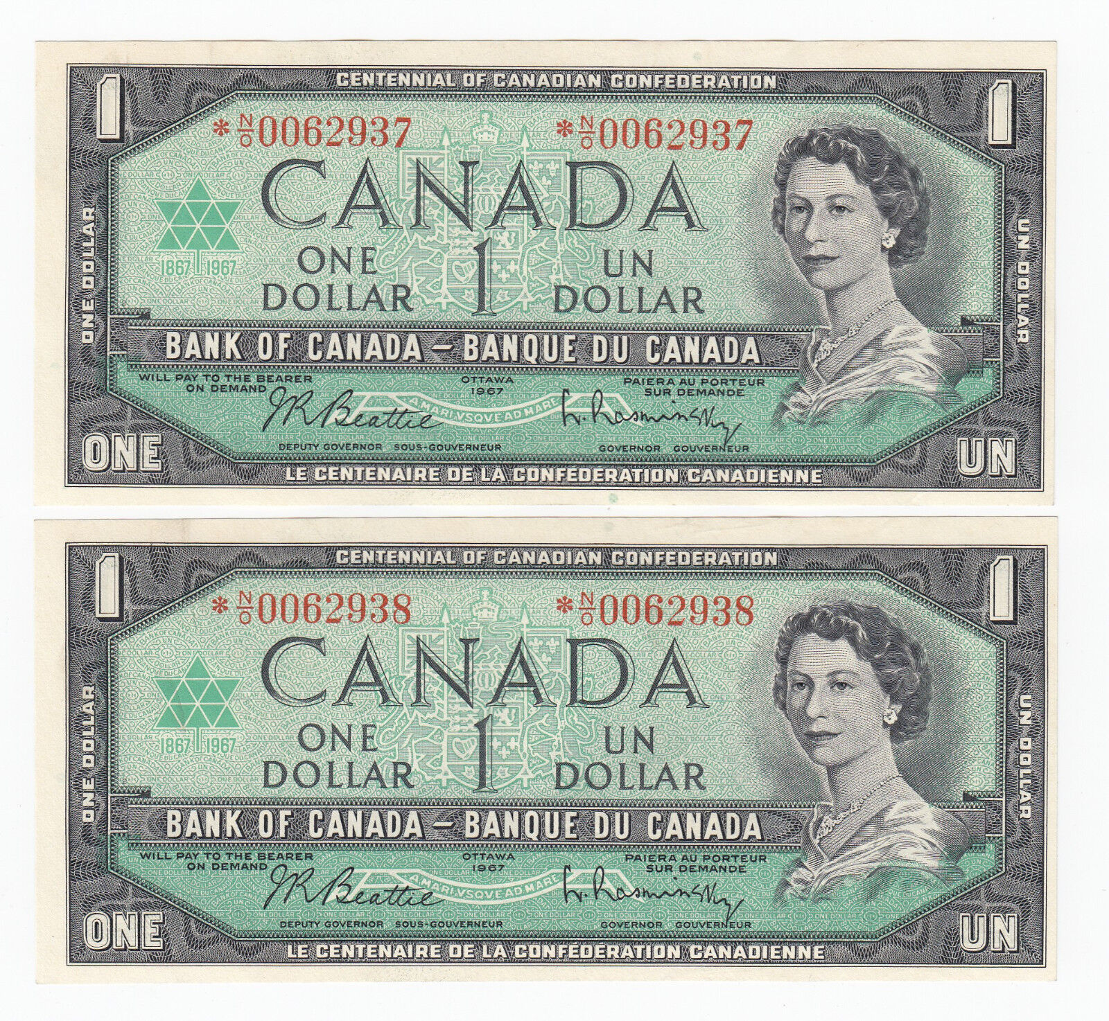 Lot of 2 Consecutive 1967 Bank of Canada  -*N/O0062937-938 - F