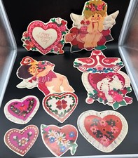 Vtg Valentine's Day Cardboard Cutout Decorations Hearts Cupid Angel Dove Lot 10