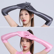 Womens Smooth Shiny Glossy Long Gloves Five Finger Wedding Allure Elegant Gloves