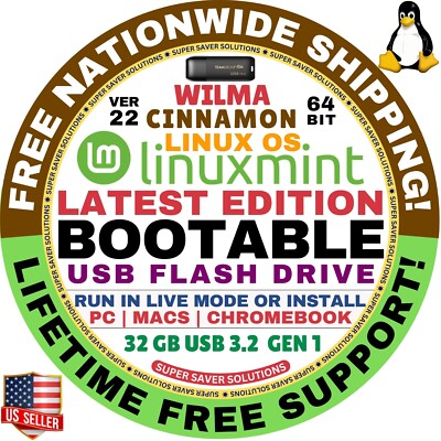 Linux Mint 22 Wilma Cinnamon 64Bit 32GB USB 3 Linux Bootable Live Install Mac/PC