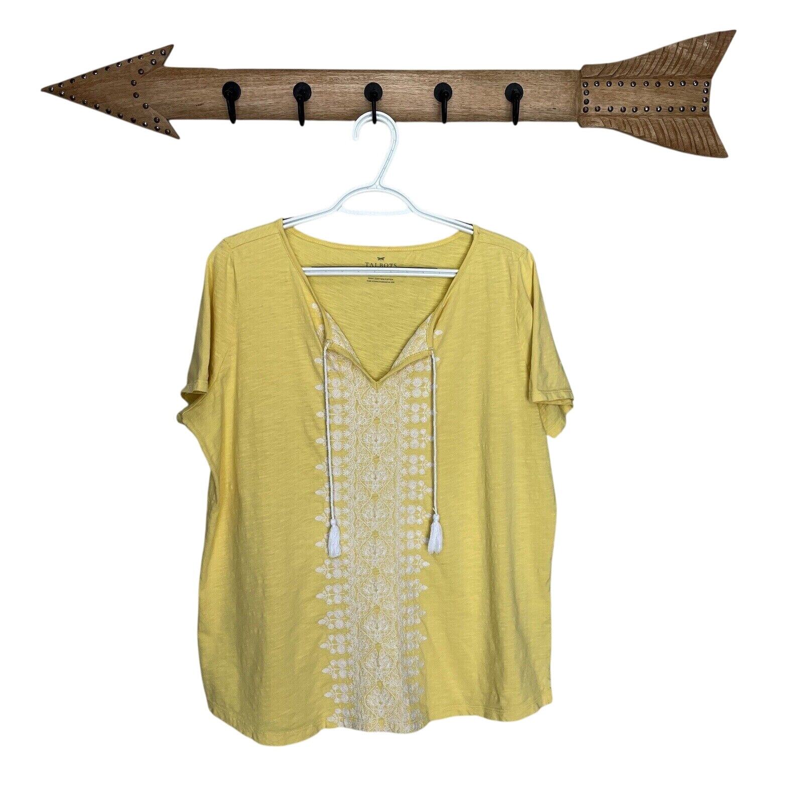 Talbots Woman | Yellow Embroidered Tassel Short Sleeve Top Size X Boho