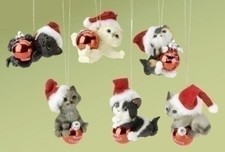 Kittens w/Santa Hat holding Ball Ornament
