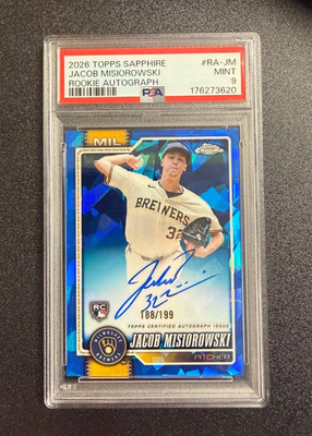 JACOB MISIOROWSKI 2026 TOPPS CHROME SAPPHIRE ROOKIE AUTO /199 PSA 9 BREWERS