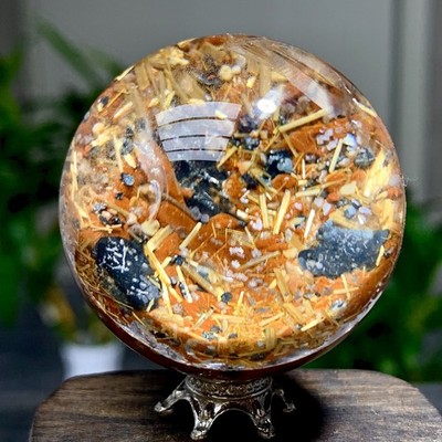 100G Natural rutilated with Black iron ore Quartz Crystal Sphere Ball Healing