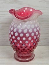 Fenton Cranberry Opalescent Hobnail Vase 4" Ruffled Top Art Glass Bud Vase USA
