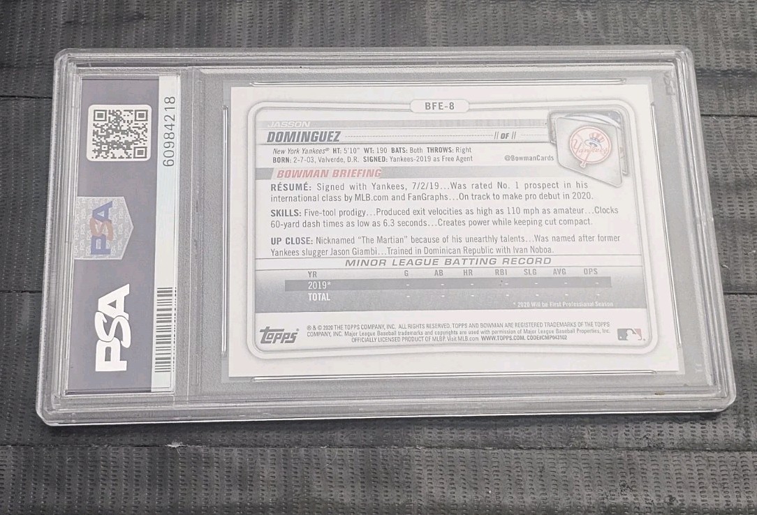 2020 Bowman 1st Edition Jasson Dominguez Yankees 1st Bowman PSA 10 #BFE8 view 2