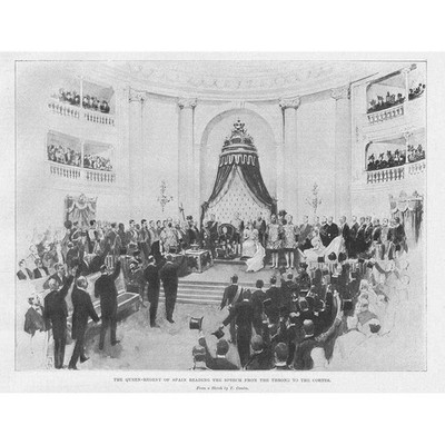 SPANIEN die Königin Regent liest eine Rede vor den Cortes - antiker Druck 1898