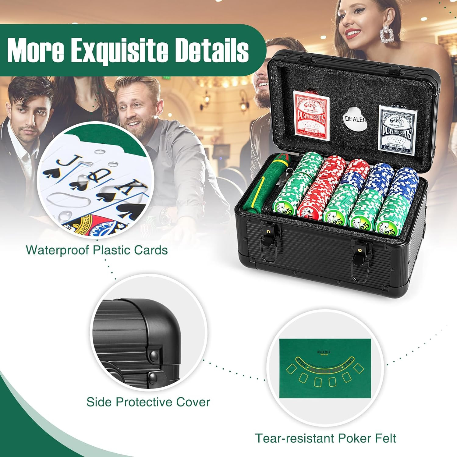 Poker Chip Set, 600 PCS Chips, 2 Decks Cards, Dealer Button, Poker Felt, Aluminu